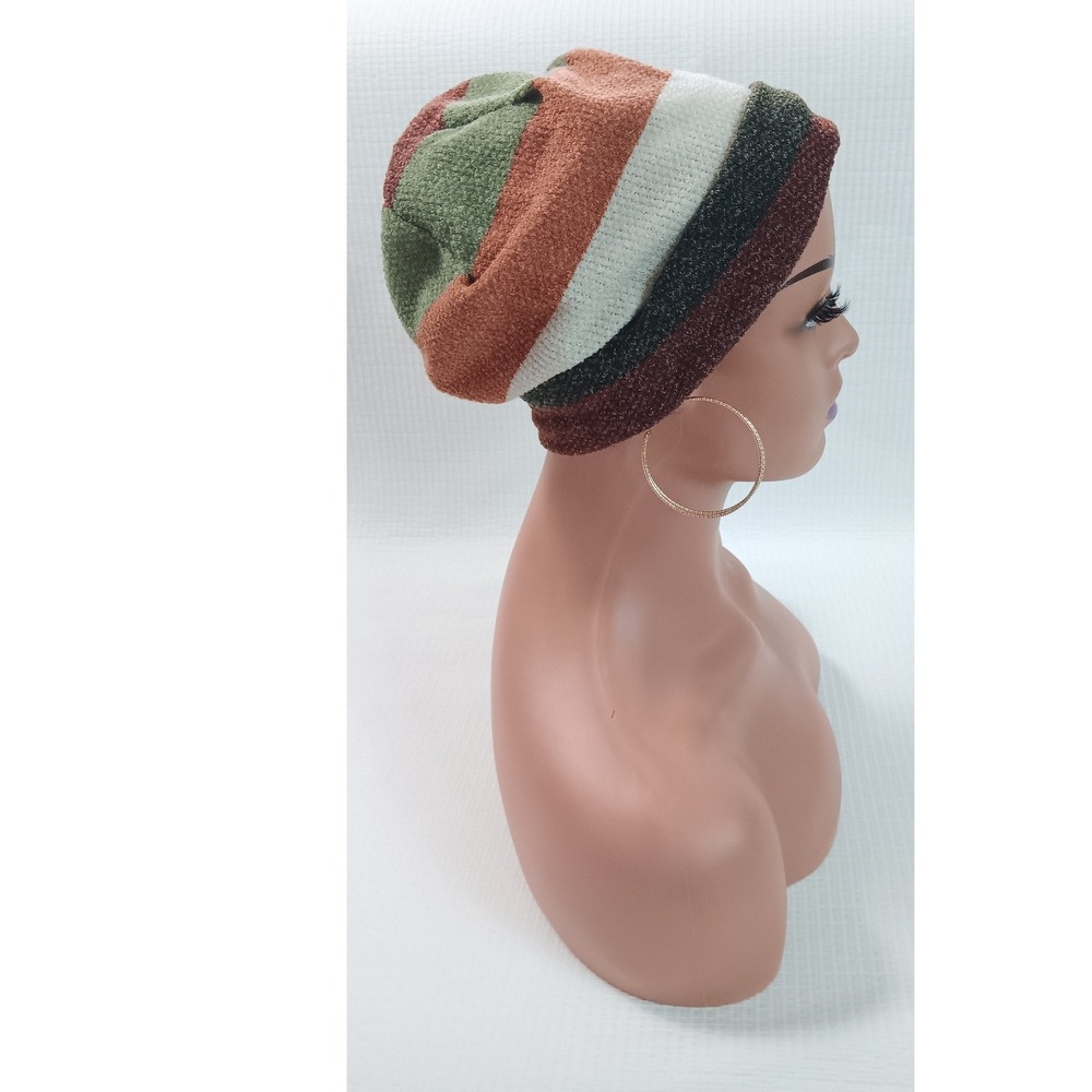 Handmade Striped Cuffed Beanie Multi-Color Earth Tone Knit Slouchy Winter Hat - Picture 4 of 7